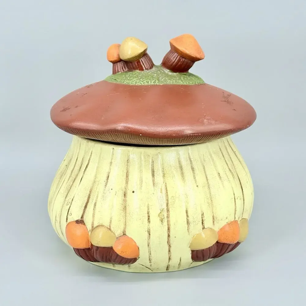 Vintage 1970s Mushroom Ceramic Cookie Jar Canister Yellow Red 8.5